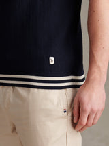 Mens Tipped Open Knit Polo Shirt Dark Sapphire Navy