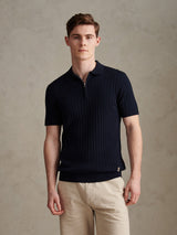 Mens Smart Textured Knit Quarter Zip Polo Shirt Dark Sapphire Navy