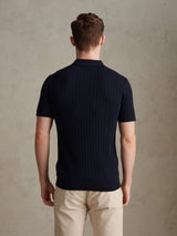 Mens Smart Textured Knit Quarter Zip Polo Shirt Dark Sapphire Navy
