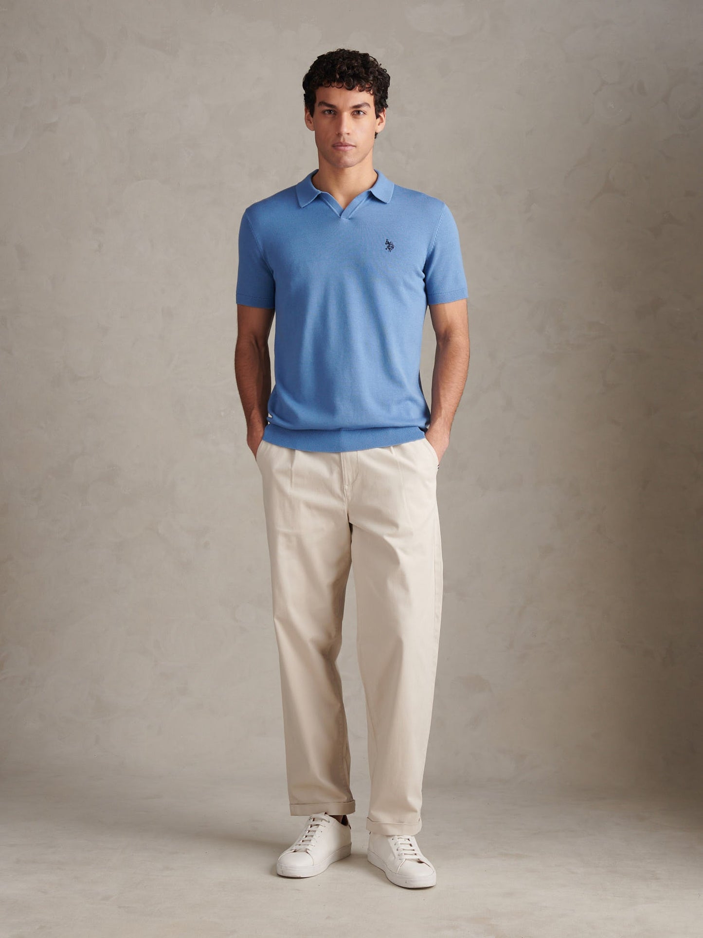 Mens Mini Vertical Texture Open Collar Polo Shirt Riviera