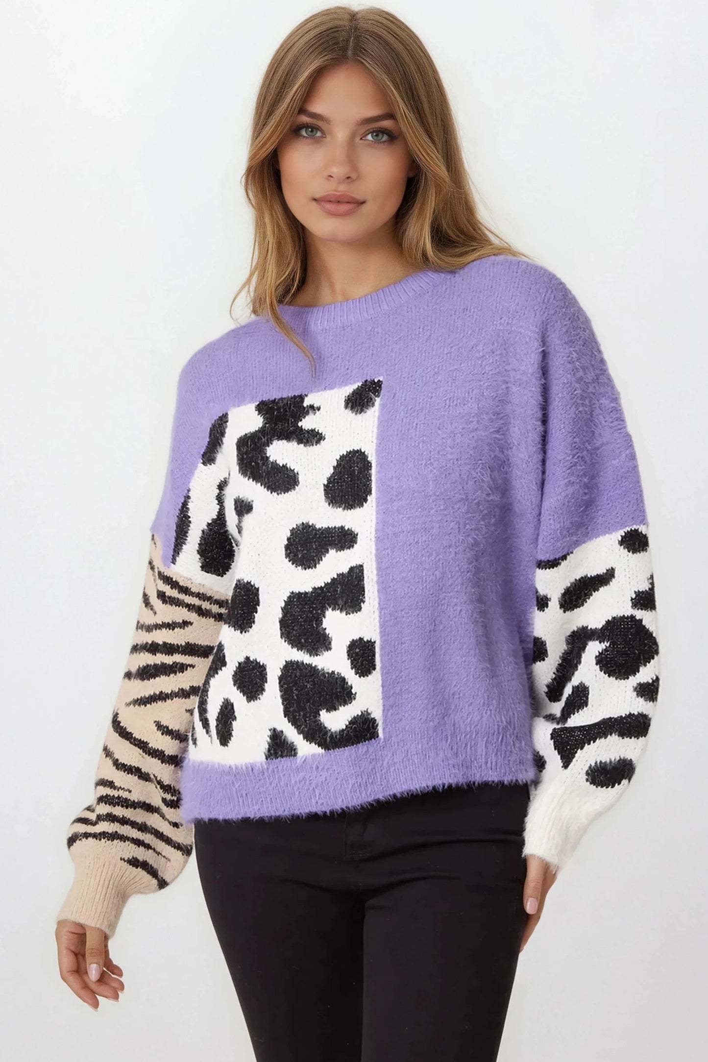 Purple Mixed Animal Pattern Knit Jumper