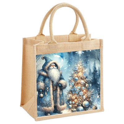 Nordic Santa and Blue Christmas Tree Jute Shopping Bag