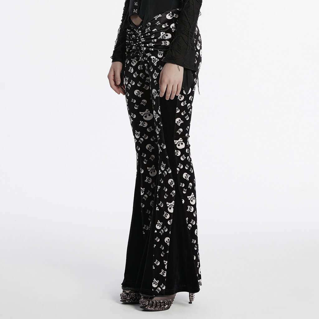 Punk Rave Nulia Spliced Velvet Flared Trousers with Skull Print