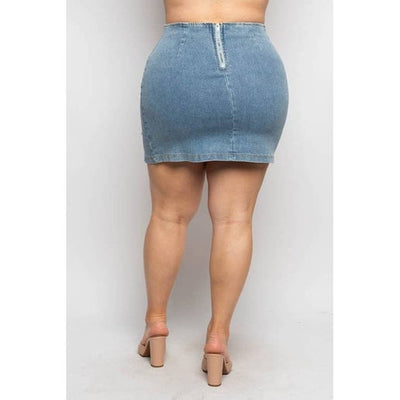 PLUS SIZE SIDE SLIT BACK ZIP DENIM MINI SKIRT