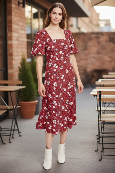 Louche Nadine Roaring Daisy Print Square Neck Balloon Sleeve Midi Dress Red