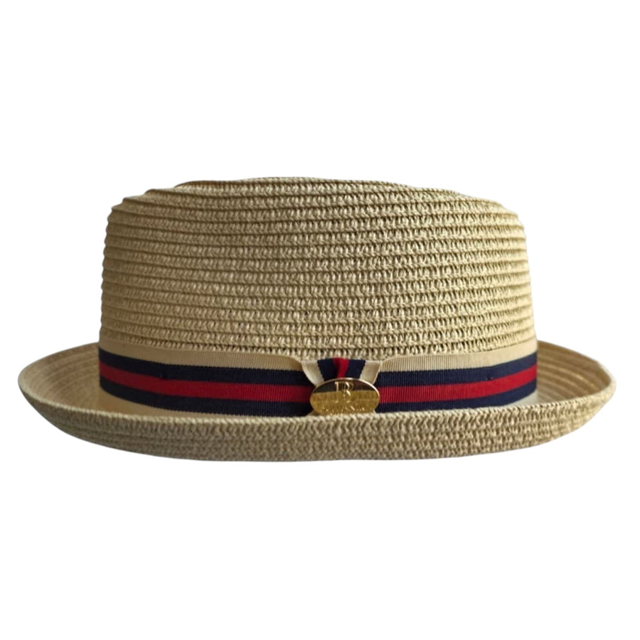 Bullantic Summer Paper Straw Diamond Crown Pork Pie Hat with Stripe Band