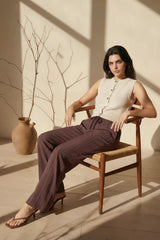 Brown Linen Blend Pin Striped Wide Leg Trousers