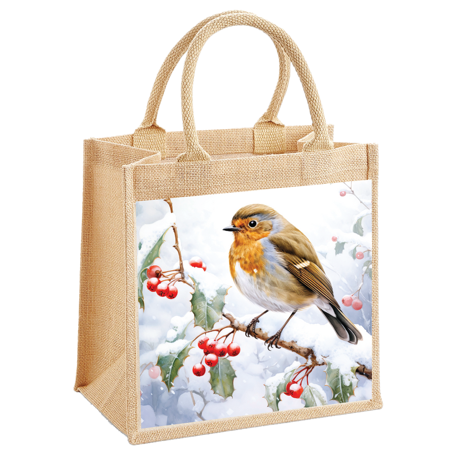 Robin in the Snow on a Branch Jute Shopping Bag