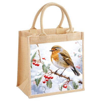 Winter Robin in the Snow on a Branch Jute Shopping Bag