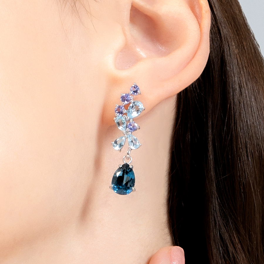 Blue Gemstone Drop Earrings in Sterling Silver