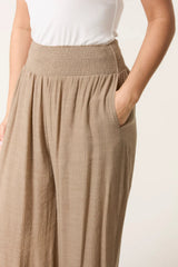 Mocha Shirred Waist Wide Leg Trouser