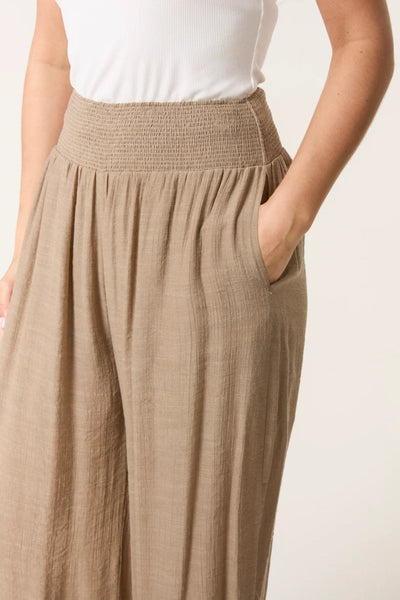 Mocha Shirred Waist Wide Leg Trouser