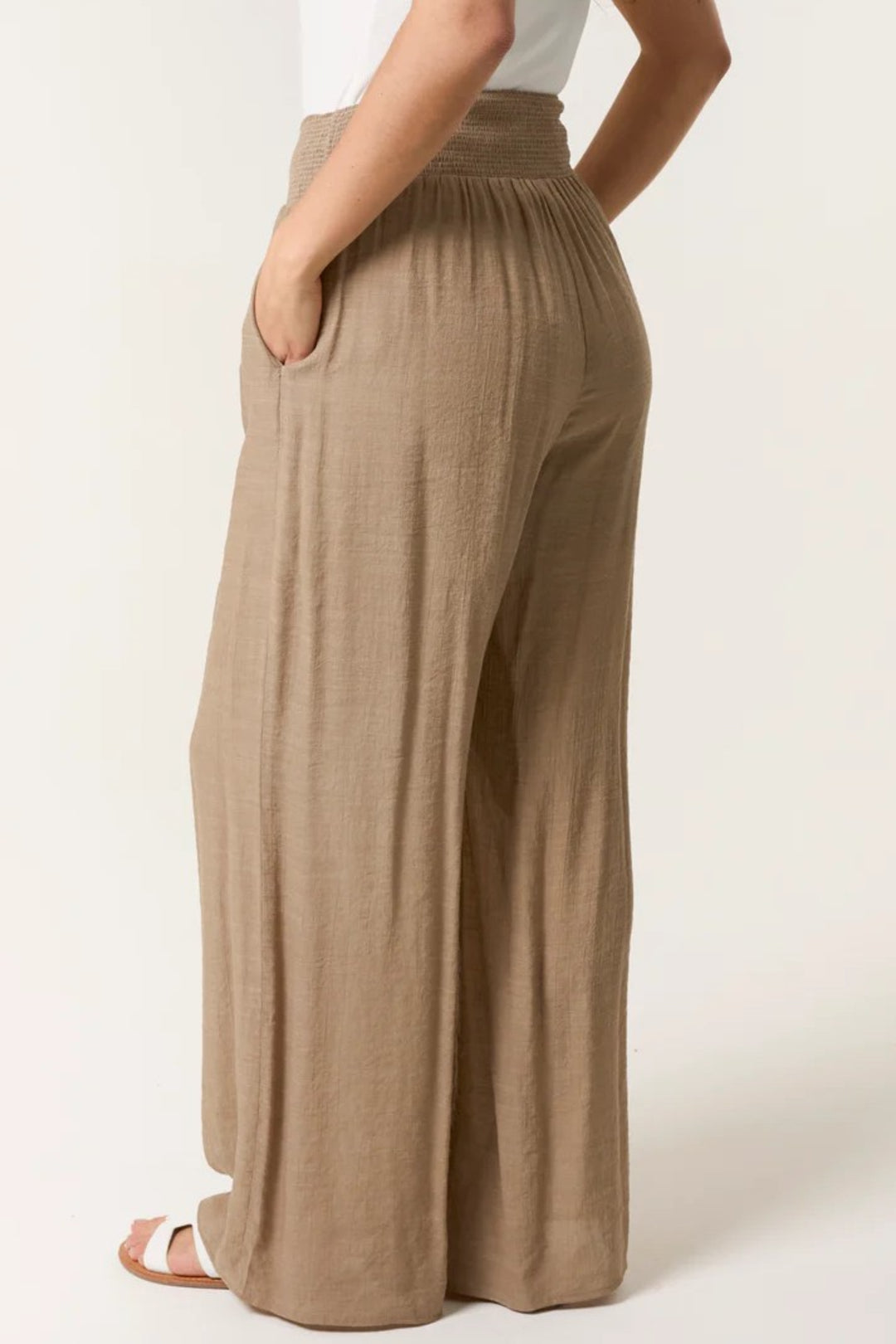 Mocha Shirred Waist Wide Leg Trouser