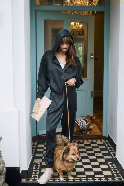 Black Washable Organic Stretch Silk Bomber Jacket