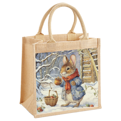 Nordic Santa and Blue Christmas Tree Victorian Squirrel Jute Shopping Bag