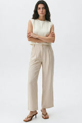 Beige Striped Linen Blend Trousers