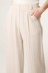 Beige Striped Linen Blend Trousers