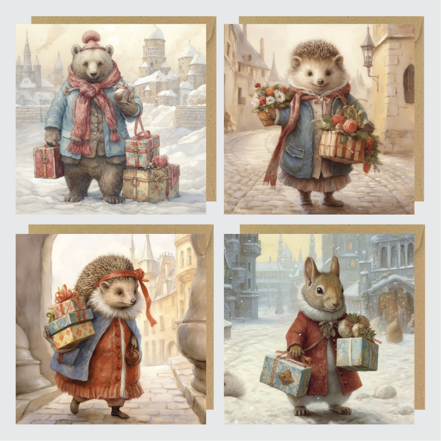 Traditional Animal Set of 4 Greetings Cards