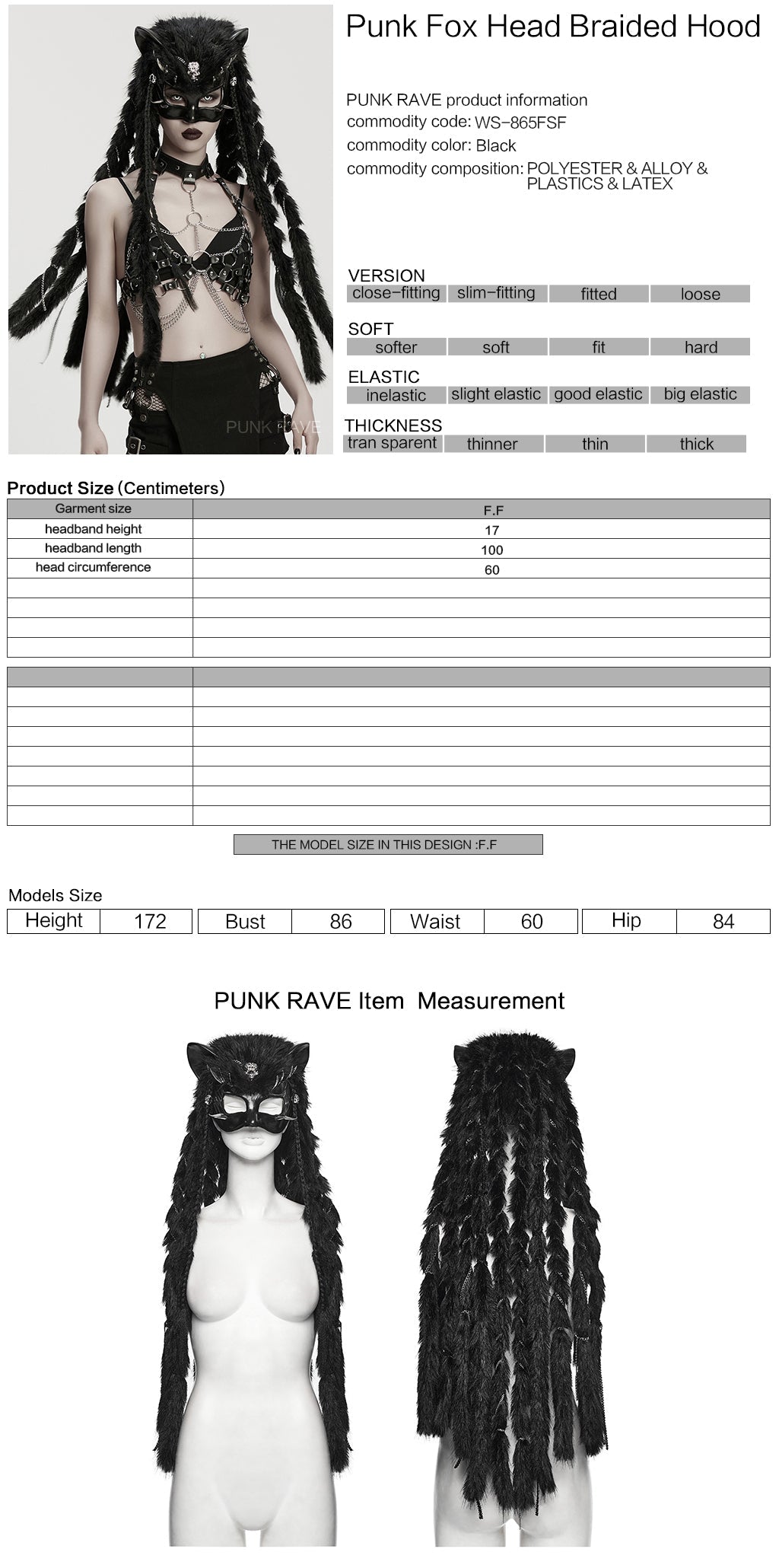 Punk Rave Punk Fox Head Braided Hood