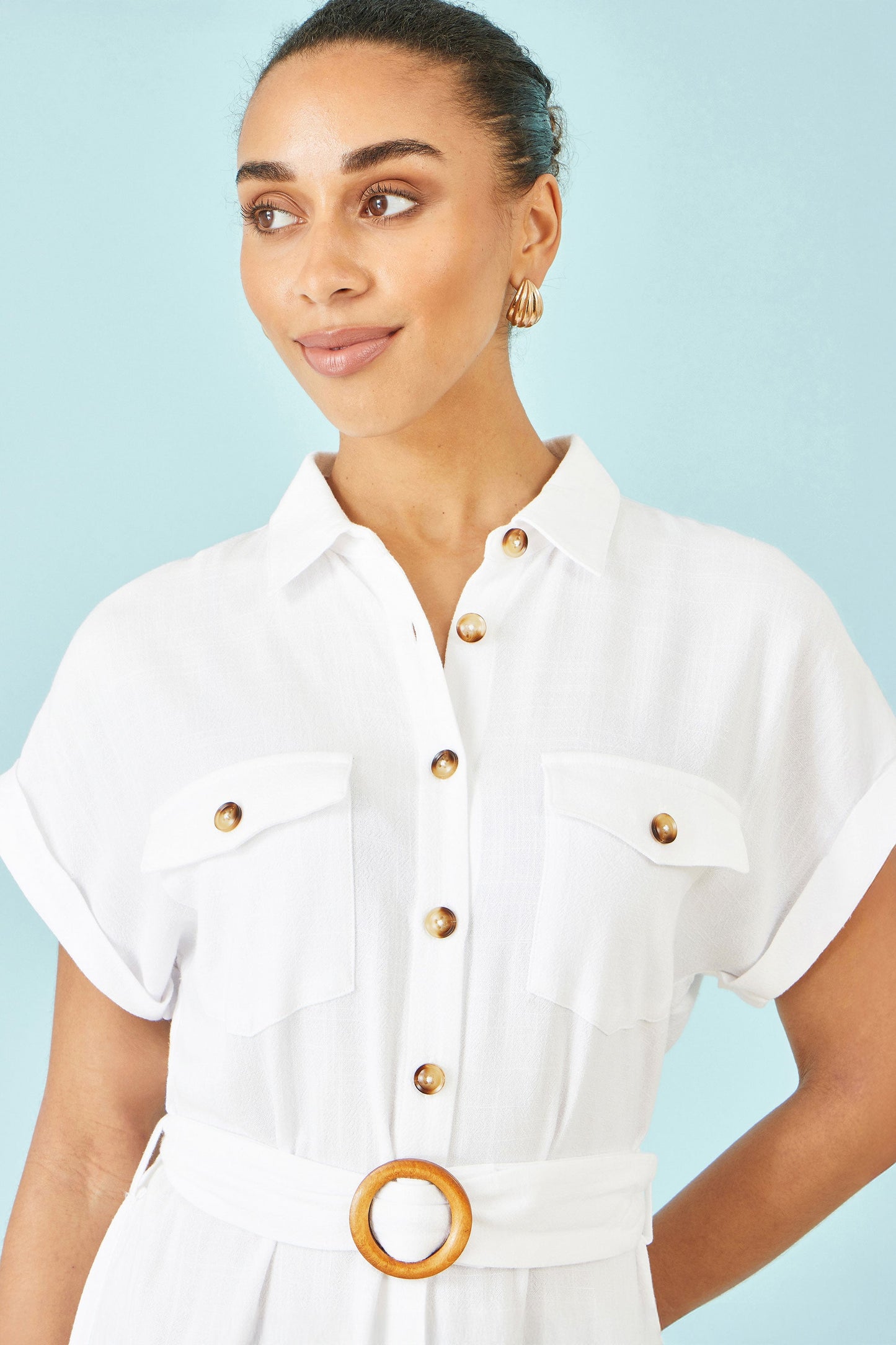 Yumi White Viscose Linen Look Midi Shirt Dress With Wooden Belt