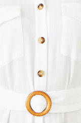 Yumi White Viscose Linen Look Midi Shirt Dress With Wooden Belt