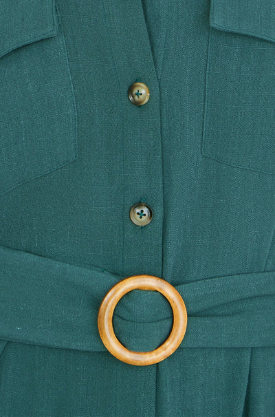 Yumi Green Viscose Linen Look Midi Shirt Dress With Wooden Belt