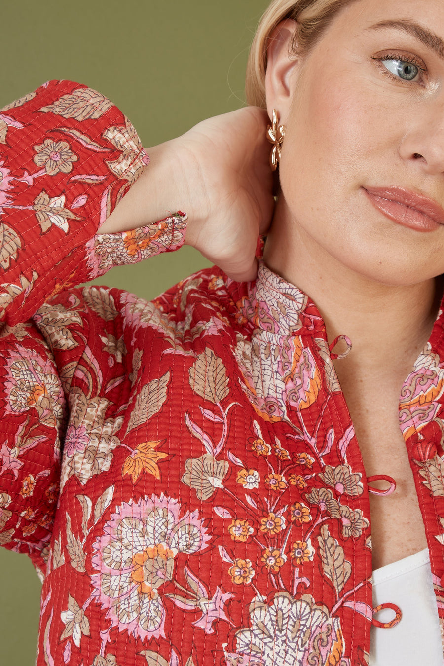 Yumi Red Floral Print Reversible Cotton Quilted Jacket