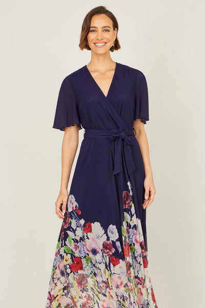 Yumi Navy Mesh Wrap Midi Dress With Floral Hem Border