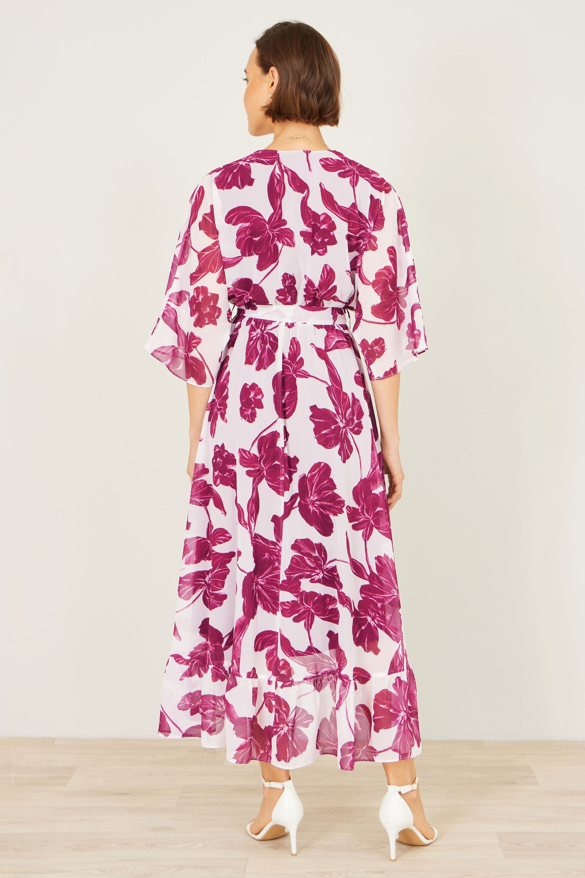 Yumi Pink Kimono Sleeves Midi Dip Hem Wrap Midi Dress