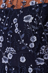 Yumi Navy Embroidered Mesh Midi Dress