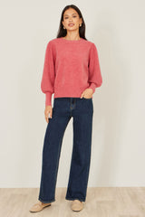 Yumi Pink Knitted Balloon Sleeve Jumper