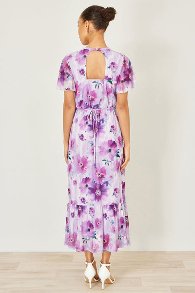 Yumi Lavender Floral Print Frill Midi Dress