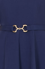 Yumi Navy Skater Dress With Puff Sleeves And Buckle Detail