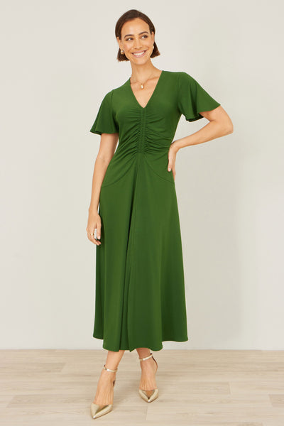 Yumi Green Ruched Front Stretch Midi Dress