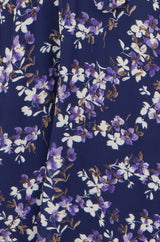 Yumi Navy Blossom Print Midi Skater Dress With Angel Sleeves
