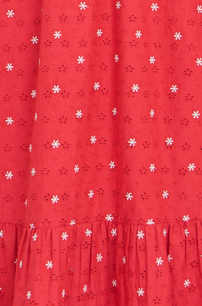 Yumi Red Broderie Anglaise Wrap Midi Dress With Flower Embroidery