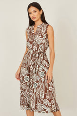 Yumi Brown Leaf Print Shirt Dress