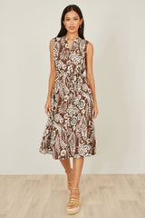 Yumi Brown Leaf Print Shirt Dress