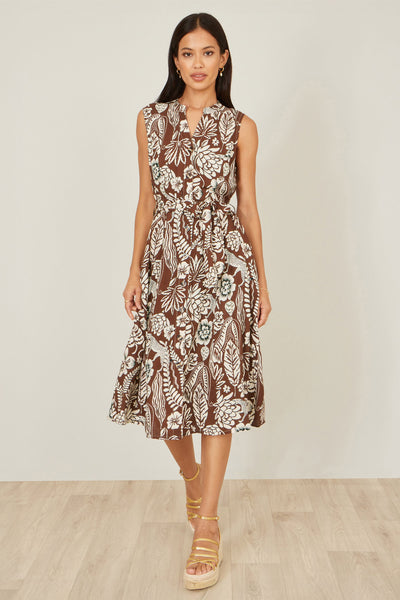 Yumi Brown Leaf Print Shirt Dress