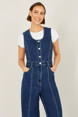 Yumi Blue Denim Stretch Fitted Jumpsuit