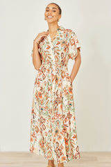 Yumi Ivory Viscose Relaxed Boho Print Maxi Shirt Dress