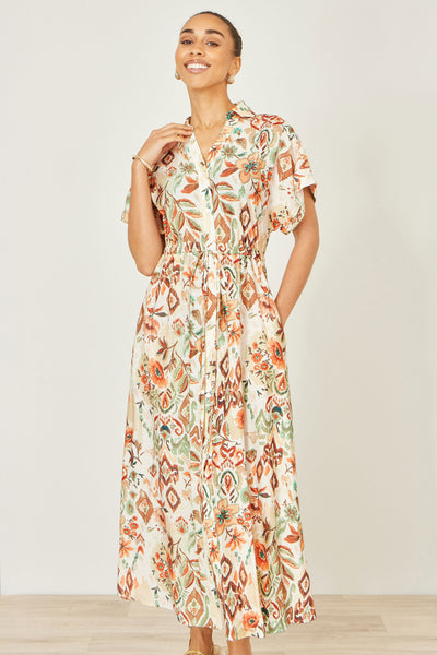 Yumi Ivory Viscose Relaxed Boho Print Maxi Shirt Dress