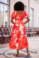 Yumi Red Viscose Floral Midi Dress With Puff Sleeves