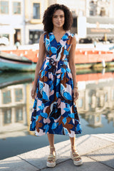 Yumi Blue Cotton Floral Abstract Dropped Waist Midi Dress