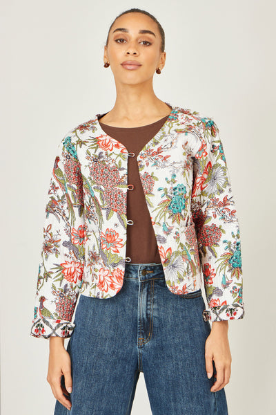 Yumi White Peacock Print Reversible Cotton Quilted Jacket