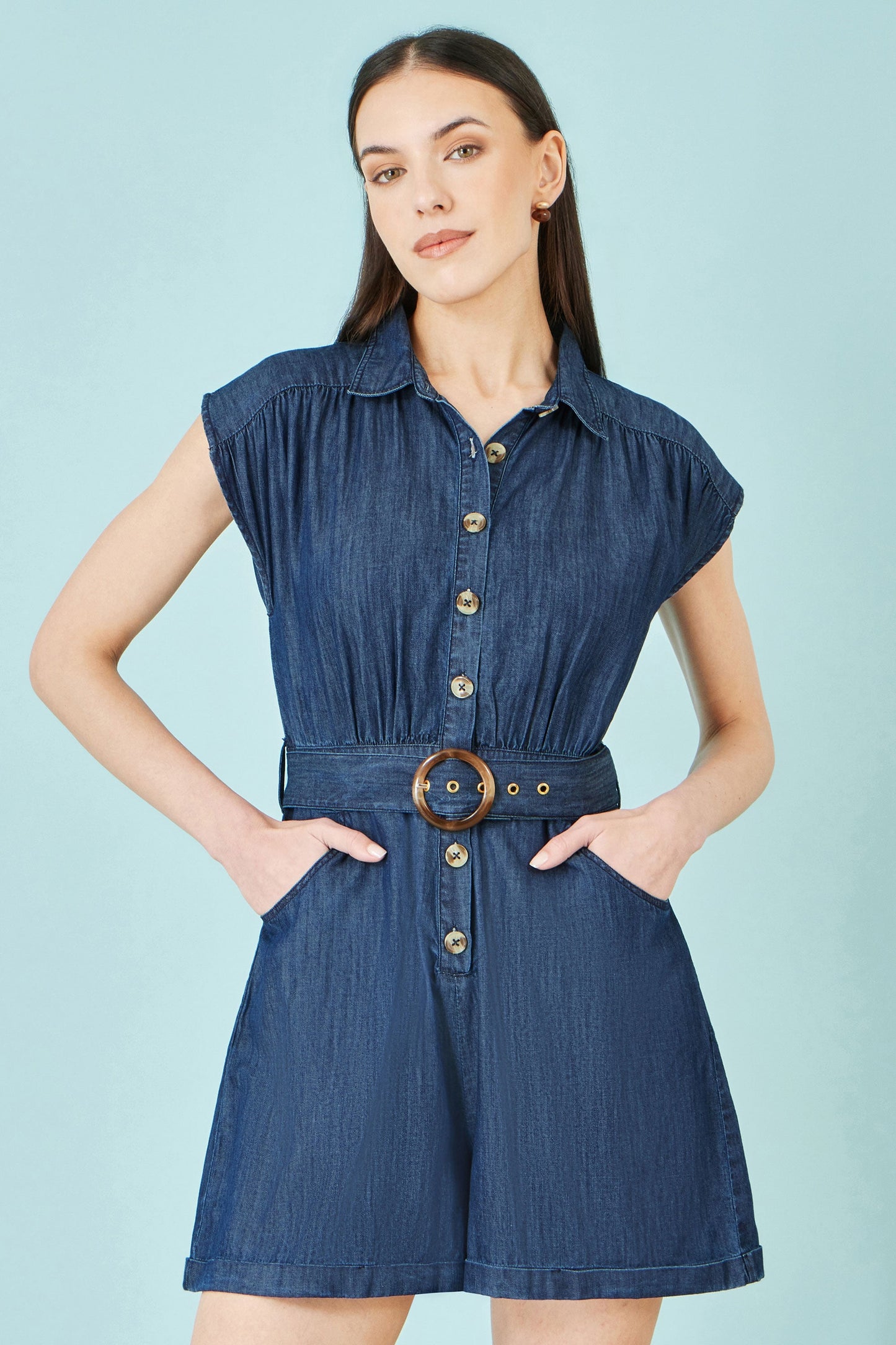 Yumi Blue Chambray Cotton Playsuit