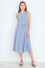 Yumi Navy Stripe Midi Sleeveless Shirt Dress