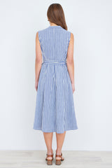 Yumi Navy Stripe Midi Sleeveless Shirt Dress