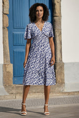 Yumi Blue Floral Ruched Waist Midi Dress With Angel Sleeves
