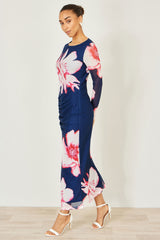Yumi Navy Floral Placement Floral Long Sleeve Mesh Maxi Dress